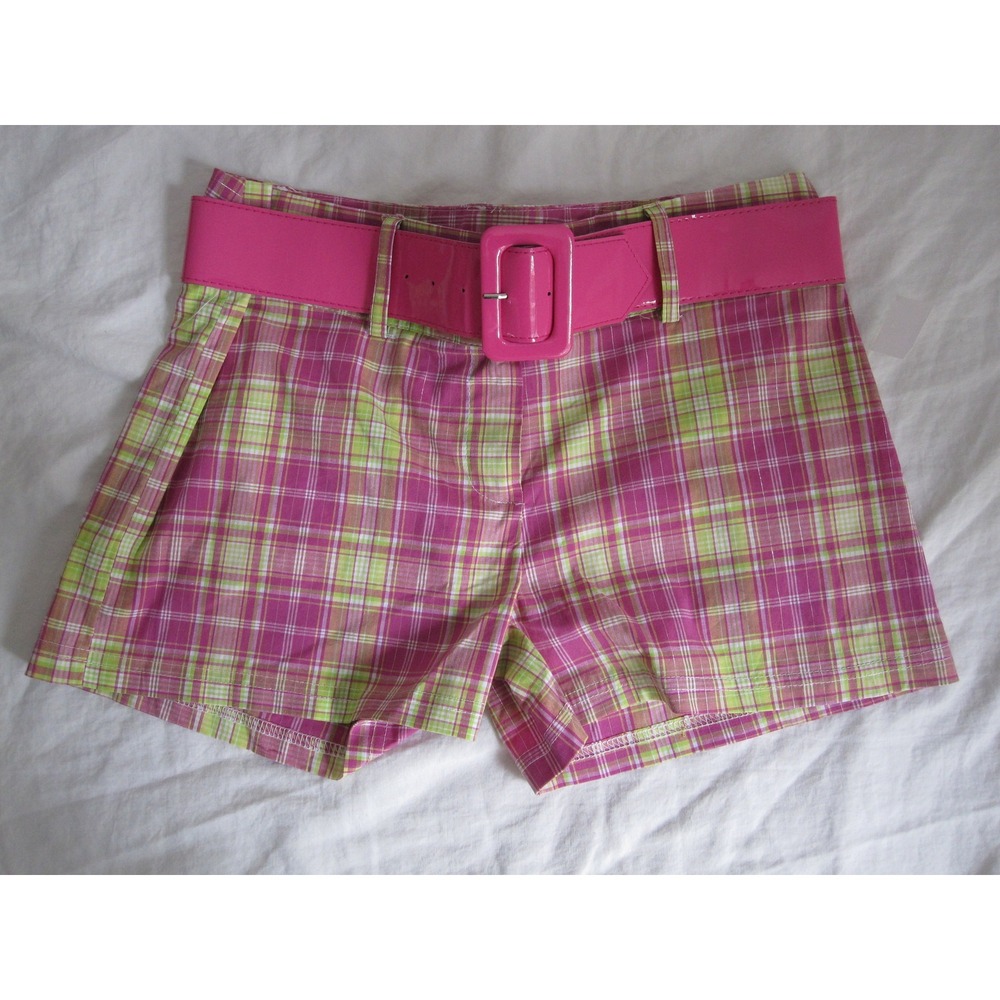 NEW Discreet shorty shorts sz 7 Hot Pink Green Plaid‎ Cute Checkered w/ Belt!